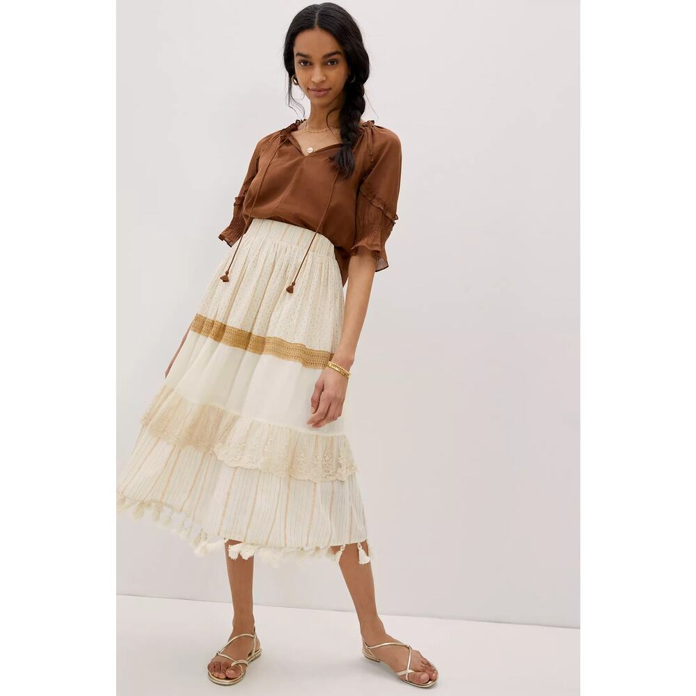Anthropologie Skirt Womens Small NWT Midi Raga Raffaella Tasseled Boho Tan Cream - Picture 2 of 10